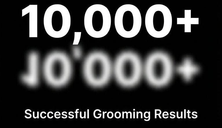 Black background with white text indicating successful grooming results.