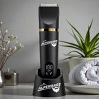 Black Alpenbart beard trimmer on a stand with a plant and towel in the background